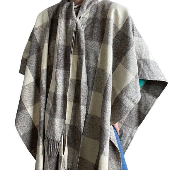 Vintage Unisex 1970s Checkered Cream Gray 100% Wool Hippie Western Poncho One Sz - Picture 2 of 10